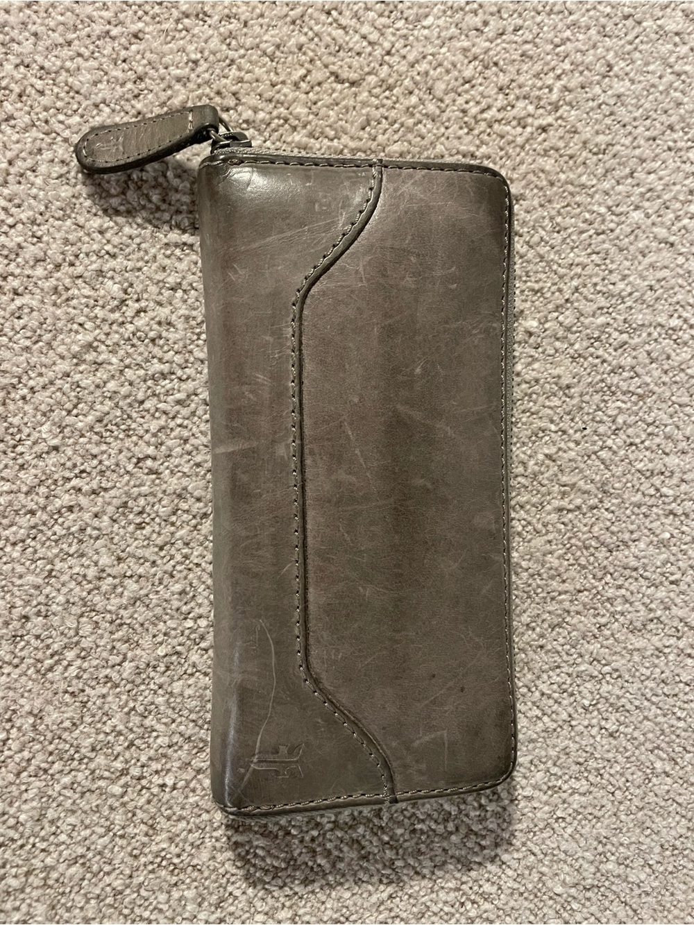 Frye Melissa Zip Wallet in a distressed gray or "carbon" leather.
